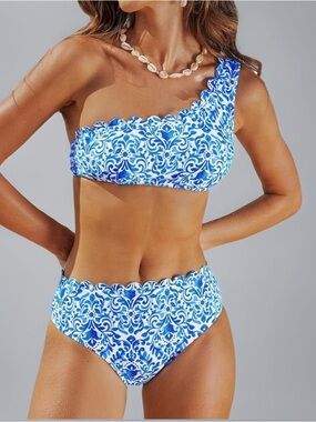 Cupshe Blue & White One-Shoulder Scalloped Bikini Set